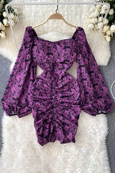 Package Hips Mini Dress Elegant Lantern Sleeve Floral Print Bodycon Dress